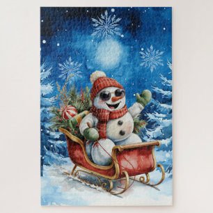 Difficult Blue Winter Christmas Snowman Jigsaw Puzzle