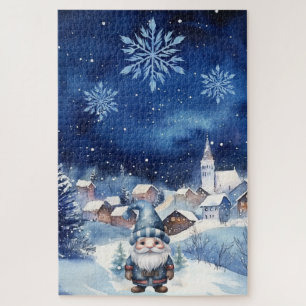 Difficult Blue Winter Christmas Village & Gnome  Jigsaw Puzzle
