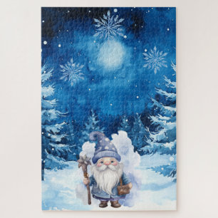 Difficult Blue Winter Christmas Village & Gnome  Jigsaw Puzzle