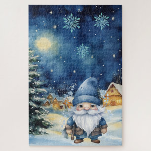 Difficult Blue Winter Christmas Village & Gnome  Jigsaw Puzzle