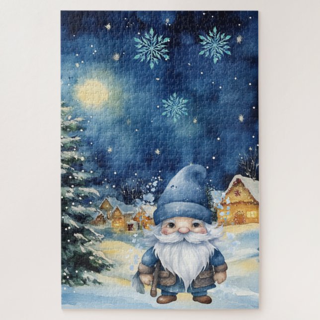 Difficult Blue Winter Christmas Village & Gnome  Jigsaw Puzzle (Vertical)