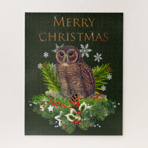 Difficult Christmas Owl with Holiday Greenery Jigsaw Puzzle