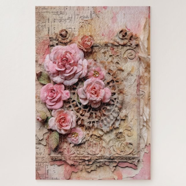Difficult Pink Floral Decoupage Inspired  Jigsaw Puzzle (Vertical)