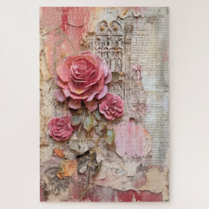 Difficult Pink Floral Grunge Decoupage Inspired  Jigsaw Puzzle