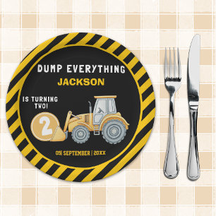 "Dig In! Construction Truck Party for 2nd Birthday Paper Plate