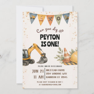 Dig It Construction First Birthday Invitation