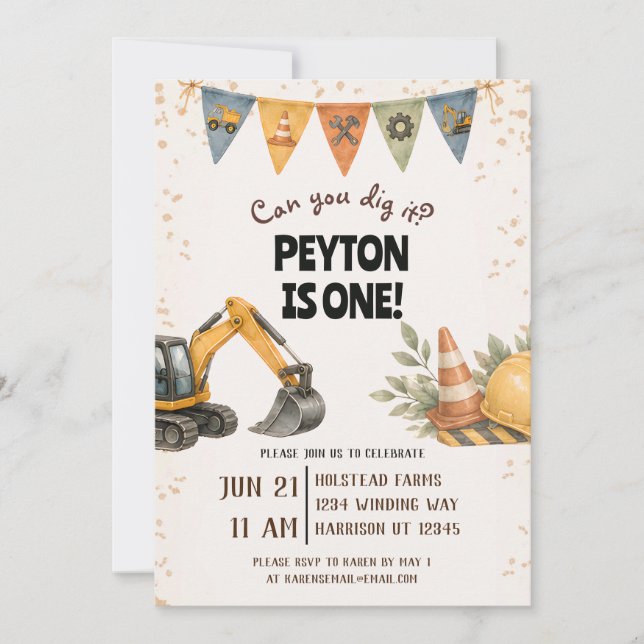 Dig It Construction First Birthday  Invitation (Front)