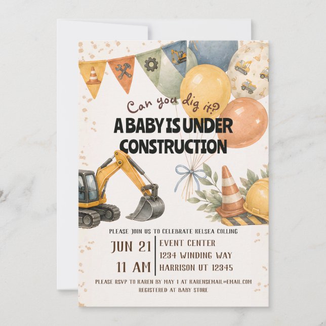 Dig It Under Construction Baby Shower Invitation (Front)