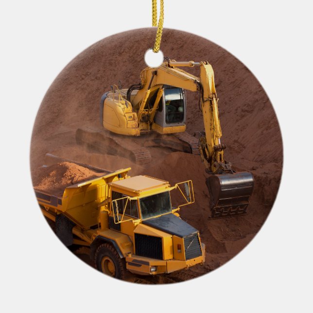 Digger and Dump Truck Ceramic Ornament (Front)