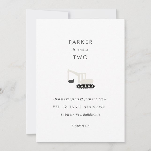 Digger Construction Party Minimal Birthday Invite (Front)