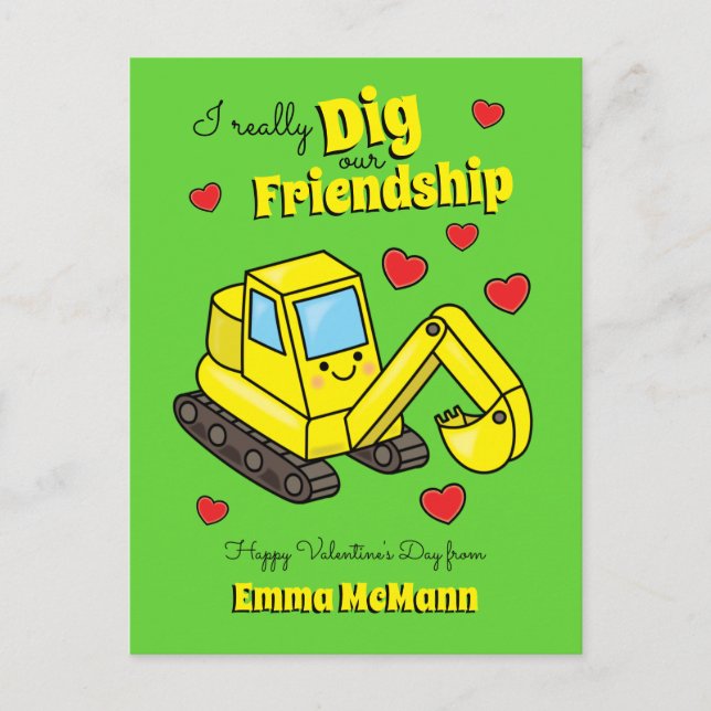 Digger Kids Classroom Valentine Excavator Card  (Front)