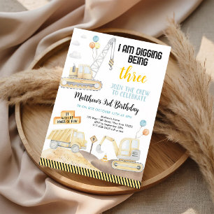 Digging Being Three Construction Truck Birthday Invitation