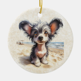 DigiPups Chinese Crested Puppy Dog Beach Scene Ceramic Ornament