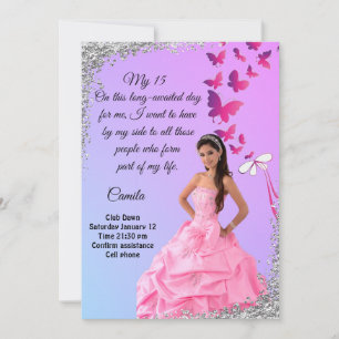 digital 15th birthday card, flower and butterfly invitation