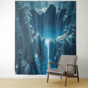 “Digital Abyss – Futuristic Cityscape Glowing  Tapestry