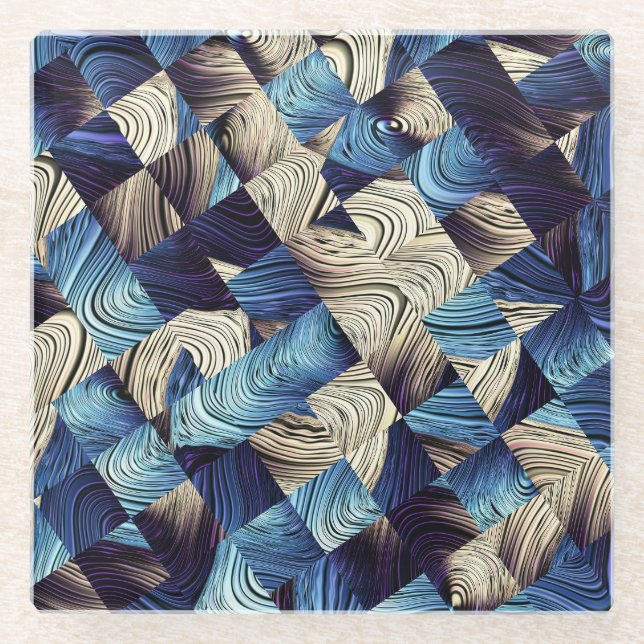 Digital Art Blue Abstract Squares Glass Coaster (Front)