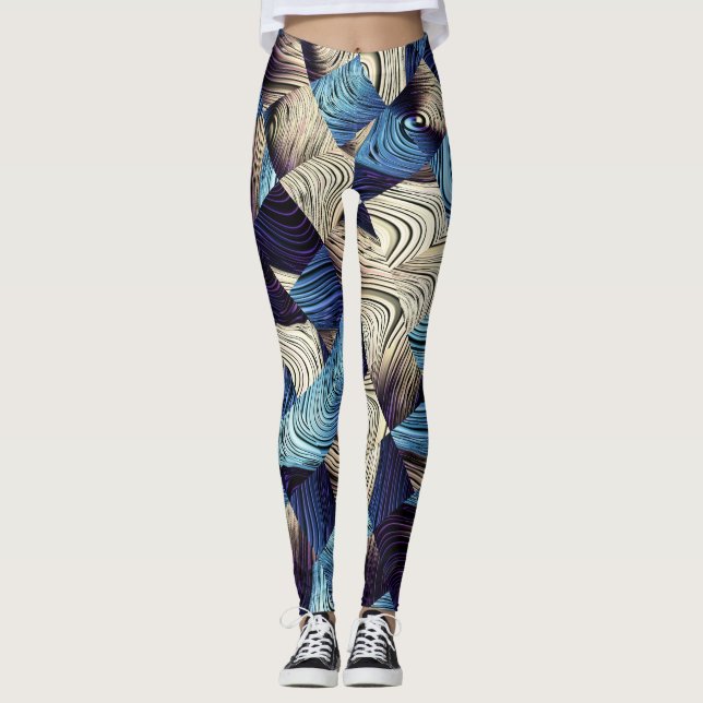 Digital Art Blue Abstract Squares Leggings (Front)