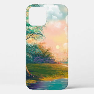 Digital art painting landscape, river in the sprin iPhone 12 case