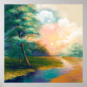 Digital art painting landscape, river in the sprin poster
