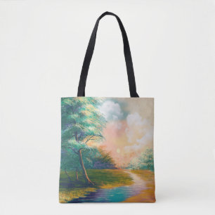 Digital art painting landscape, river in the sprin tote bag