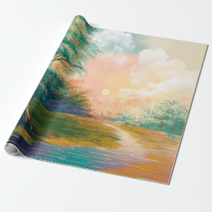 Digital art painting landscape, river in the sprin wrapping paper