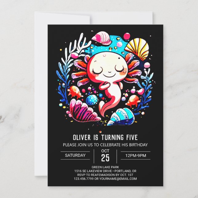 Digital Axolotl Seashells Birthday Invitation (Front)