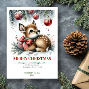 Digital Baby Deer Snowy Forest Watercolor Christma Holiday Card