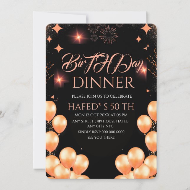 Digital Birthday Dinner Invitation Template, Black (Front)