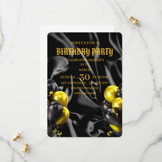 Digital Birthday Dinner Invitation Template, Black (Front/Back In Situ)
