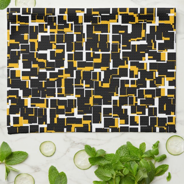 Digital Black White Yellow Pattern Tea Towel (Folded)