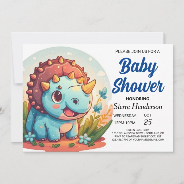 Digital Blue Custom Dinosaur Boy Baby Shower Invitation (Front)