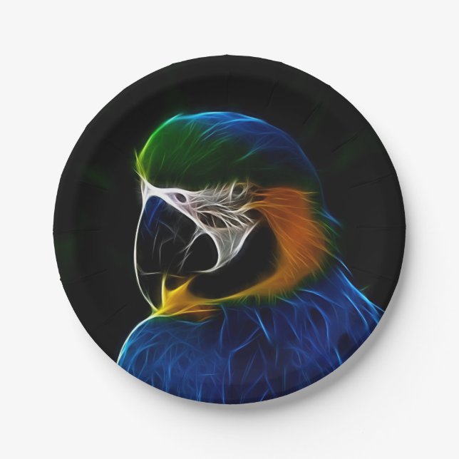 Digital blue parrot fractal paper plate (Front)