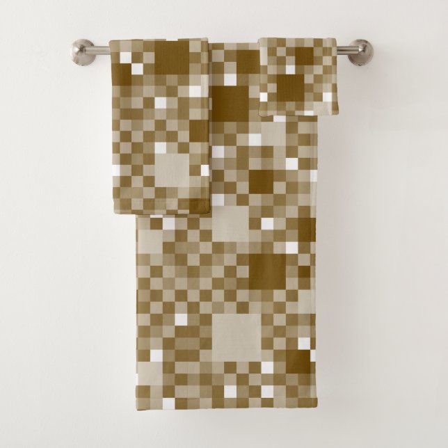 Digital Brown Pixelated Little Squares Bath Towel Set (Insitu)