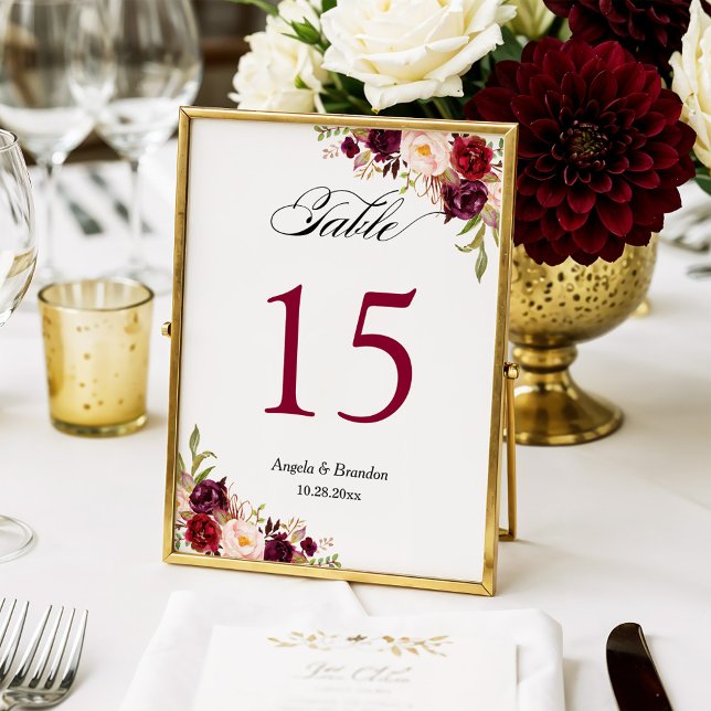 (Digital) Burgundy Floral Wedding Table Number (Creator Uploaded)