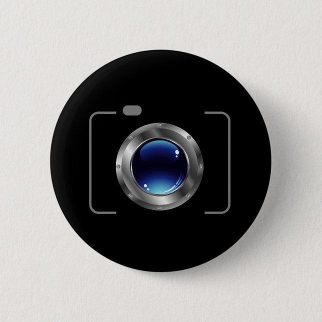 Digital camera with a glossy blue aperture 6 cm round badge (Front)