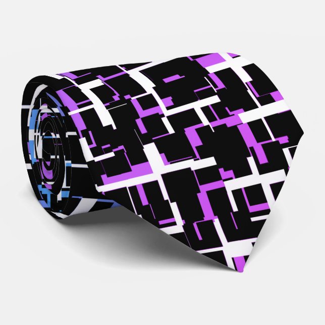 Digital Camo Black White Blue Purple Pattern Tie (Rolled)