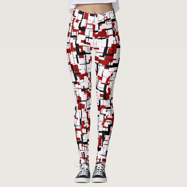 Digital Camo Black White Red Pattern Leggings (Front)