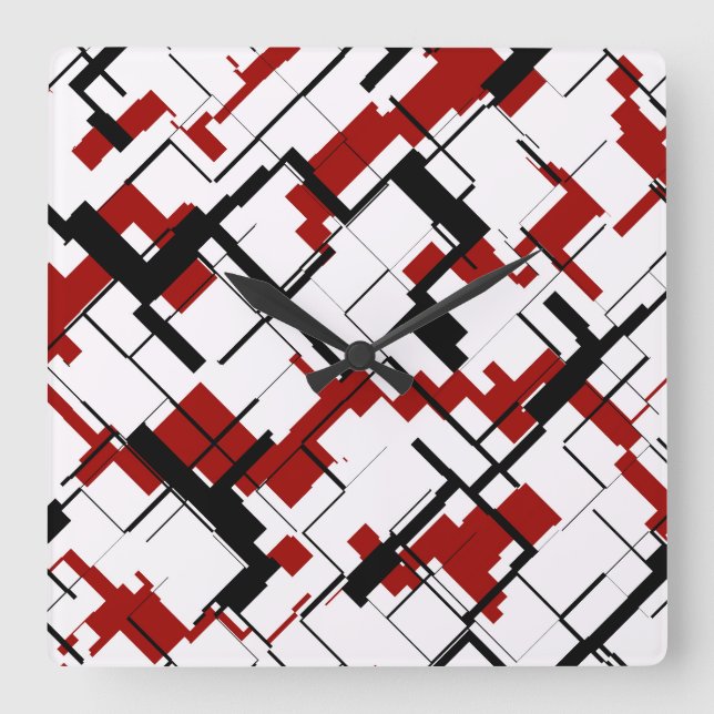 Digital Camo Black White Red Pattern Square Wall Clock (Front)