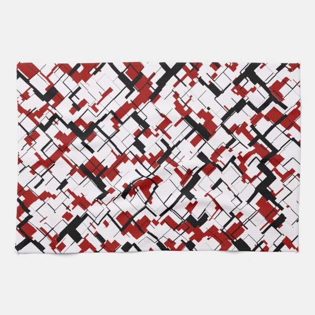 Digital Camo Black White Red Pattern Tea Towel (Horizontal)
