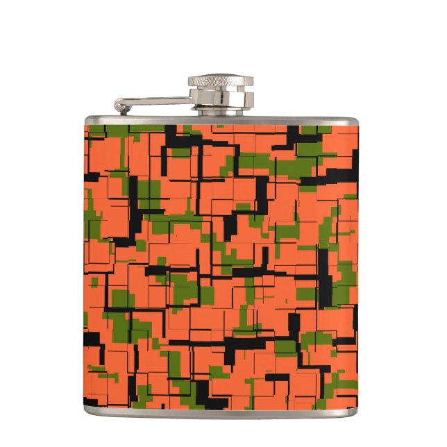 Digital Camo Green Orange Black Pattern Hip Flask (Front)