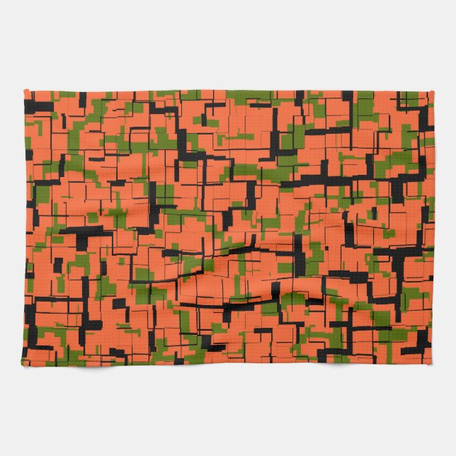 Digital Camo Green Orange Black Pattern Tea Towel (Horizontal)