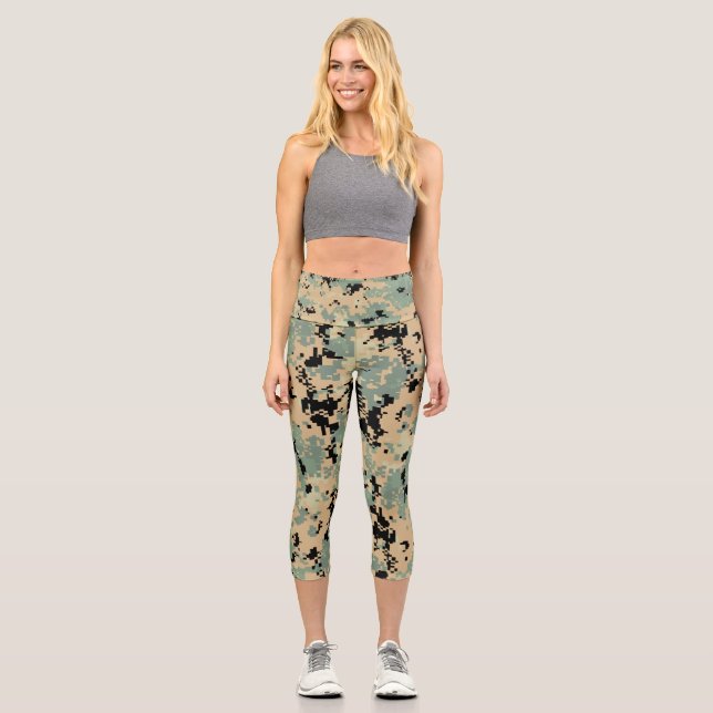 Digital Camo – Tan-Green Smaller camo pattern Capri Leggings (Front)