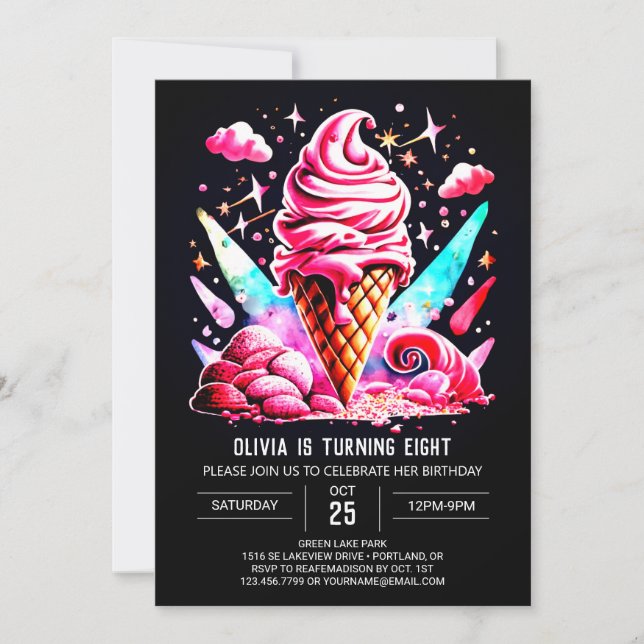 Digital Colourful Elegant Ice Cream Girl Birthday Invitation (Front)