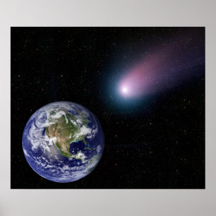 Digital composite of a comet heading towards Ea Poster