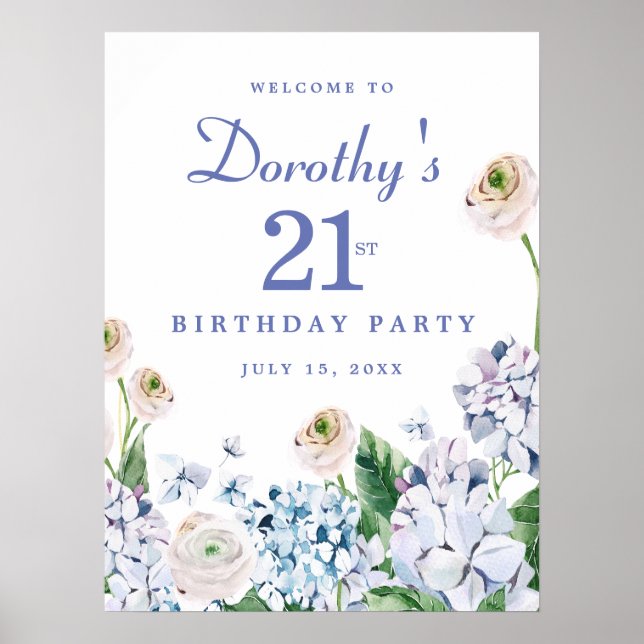 Digital Download Hydrangea 21st Birthday Welcome Poster (Front)