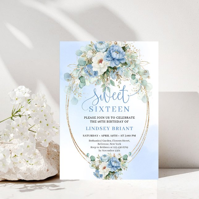 Digital Dusty Blue Peony Gold Sweet Sixteen Invite (Digital Dusty Blue Peony Gold Sweet Sixteen Invitation)