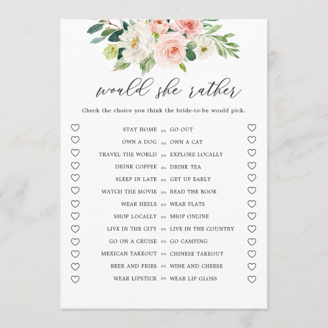 Digital Floral Would She Rather Bridal Shower Game Invitation (Front)