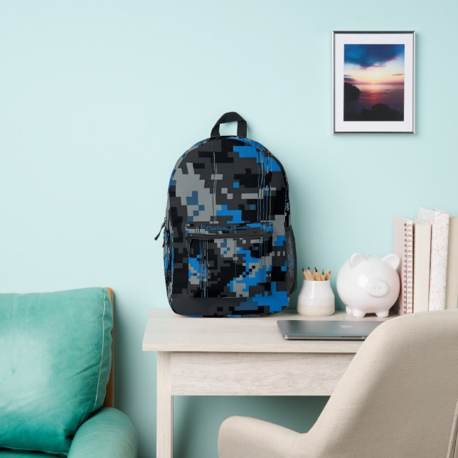 Digital Glitch Camo Backpack - Custom Name Blue (Insitu)