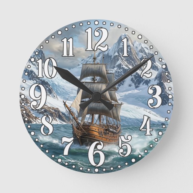 Digital illustration of sailing ship in the ocean round clock (Front)