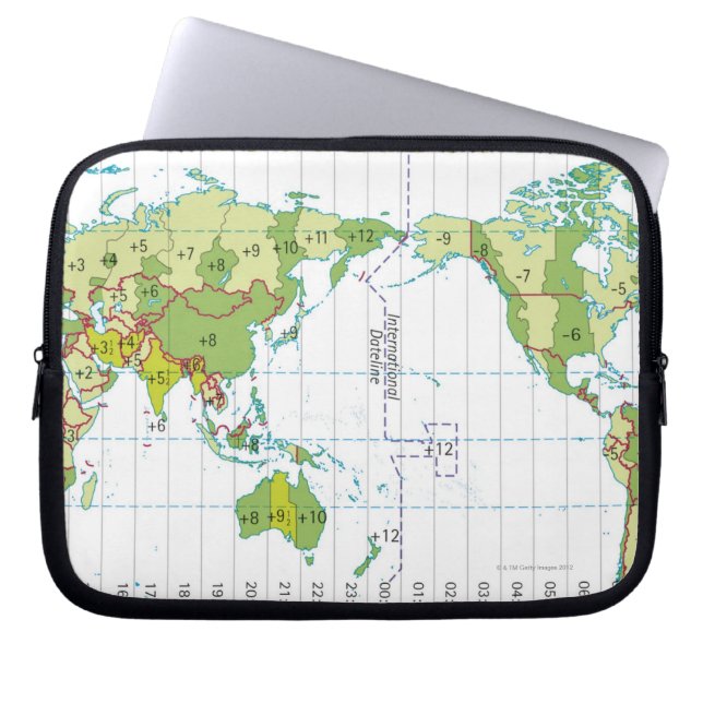 Digital illustration of world map showing time laptop sleeve (Front)